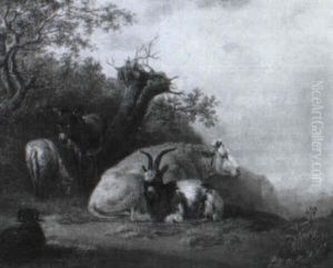 Ruhende Weidetiere Und Ein Esel In Einer Alpinen Landschaft by Johann Jakob Schalch