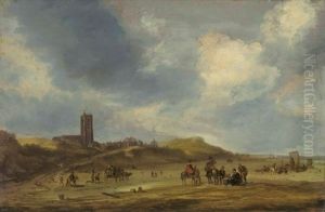 A View Of Egmond Aan Zee, A Horsedrawn Carriage, A Woman Selling Fish, And Other Figures Along The Beach by Cornelis Simonsz van der Schalcke