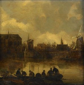 Kanalscen Med Figurer I Bat by Cornelis Simonsz van der Schalcke