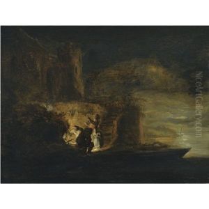 Figures Around A Fire On A River Bank Beneath A City Fortification At Night by Cornelis Simonsz van der Schalcke