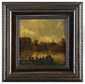 Kanalscen Med Figurer I Bat by Cornelis Simonsz van der Schalcke