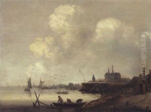 Hollandische Fluslandschaft Mit Booten, Im Hintergrund Eine Stadt