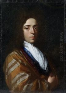 Portrait Of A Gentleman, Half-length, In A Blue Coat With A Gold Striped Wrap by Godfried Schalcken