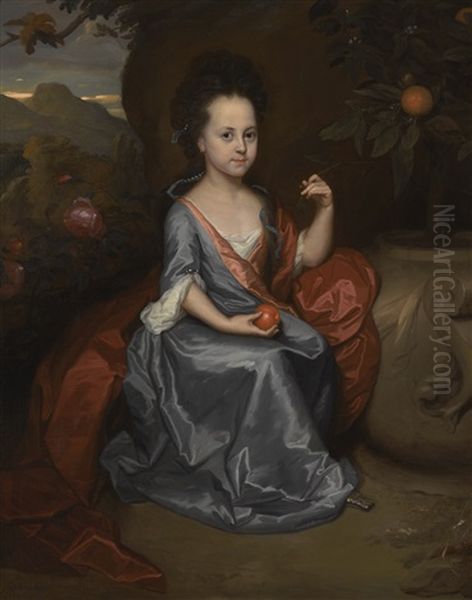 Portrait Of A Girl, Believed To Be Miss Anne Conslade, Wearing A Blue Dress With A Brown Mantle, Holding An Orange - view 1