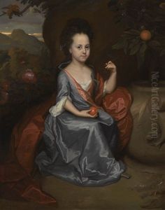 Portrait Of A Girl, Believed To Be Miss Anne Conslade, Wearing A Blue Dress With A Brown Mantle, Holding An Orange