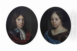 Portrait Of A Boy, Bust-length, In A Blue Embroidered Jacket, Cravat And Red Wrap; And Portrait Of A Girl, Bust-length, In Brown Embroidered Dress And A Blue Wrap by Godfried Schalcken
