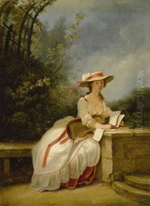 A Lady Seated In A Garden With A Guitar And Music by Jean-Frederic Schall