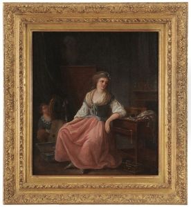 A Young Woman Seated At A Poudreuse (dressing Table), With Bird Nest And Cage, A Young Man Hiding Behind A Curtain