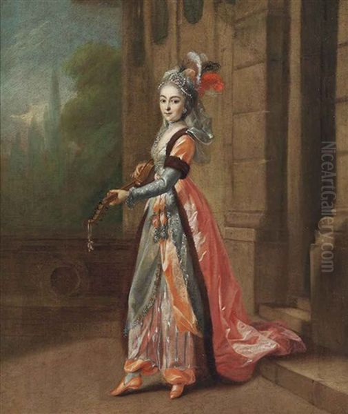 A Lady In A Fur Trimmed Red Costume And Feathered Hat, Playing An Instrument, Standing In A Courtyard - view 1