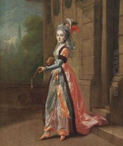 A Lady In A Fur Trimmed Red Costume And Feathered Hat, Playing An Instrument, Standing In A Courtyard by Jean-Frederic Schall