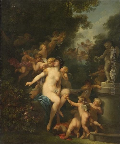 Venus Entouree D'une Ronde D'amours Pres D'un Buisson De Roses, Avec Cupidon Lui Decochant Une Fleche - view 1
