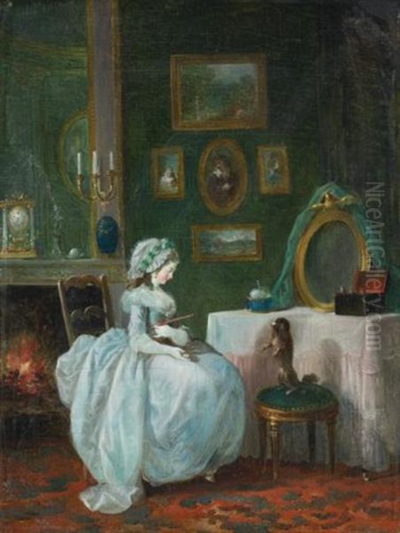 A Lady At Her Dressing Table With A Dog - view 1