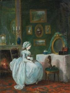 A Lady At Her Dressing Table With A Dog