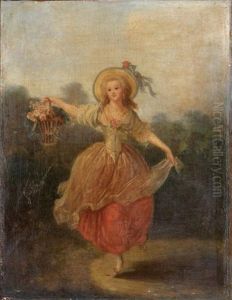 Jeune Femme Au Panier De Fleur Dansant Dans Un Jardin by Jean-Frederic Schall