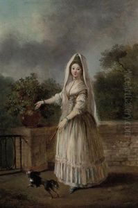 Portrait Of A Lady In Masquerade Dress, On A Terrace With A Spaniel