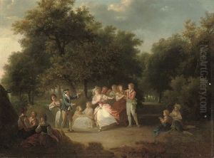 Elegant Company Playing Blind Man's Buff In A Wooded Landscape