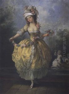 A Young Lady In A Garden Holding A Garland Of Flowers