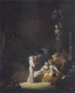 Pantalone Serenading Five People In A Park With Children Playing With Their Toys by Jean-Frederic Schall