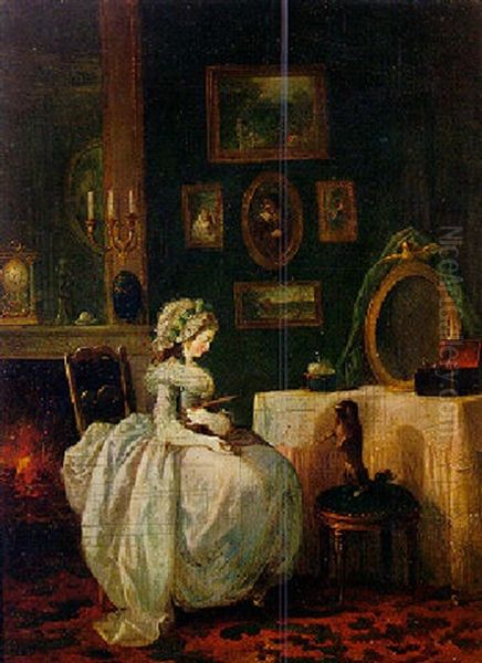 A Young Lady At Her Dressing Table With A Dog - view 1