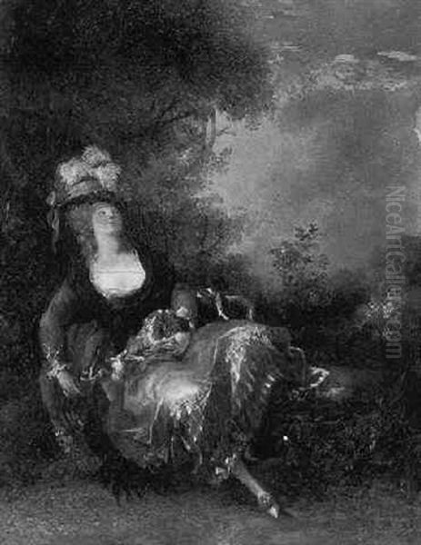 A Woman And Her Dog Seated In A Landscape - view 1