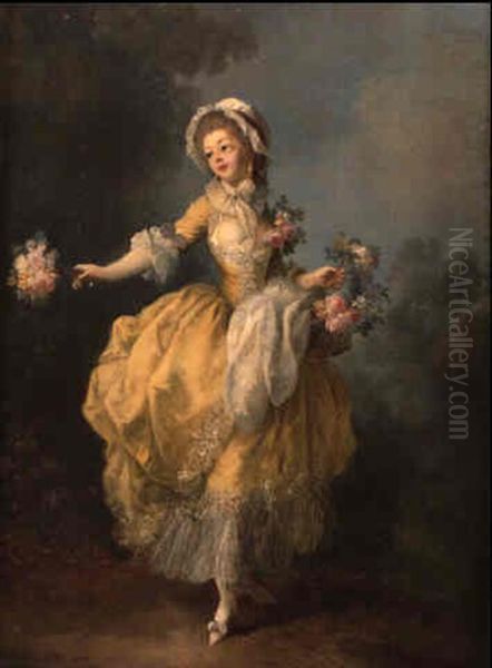 Bouquetiere Dansant, A La Robe Jaune, Le Corsage Orne De Roses - view 1