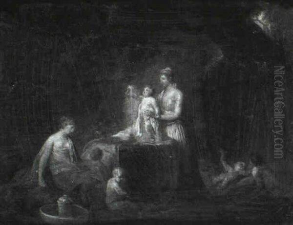 A Woman In Classical Costume Washing Her Children At A      Fountain In A Forest Glade - view 1