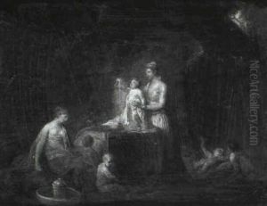A Woman In Classical Costume Washing Her Children At A      Fountain In A Forest Glade