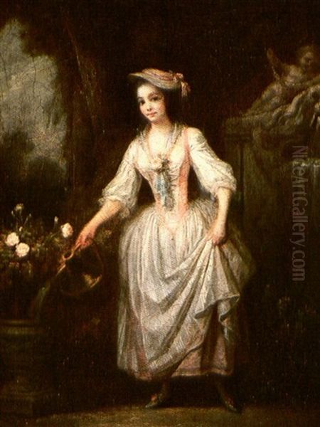 A Girl Watering Roses In A Garden Setting - view 1