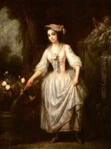 A Girl Watering Roses In A Garden Setting