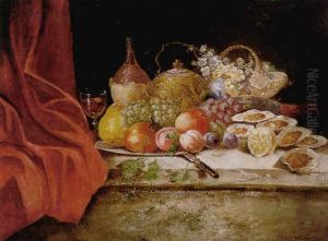 Stilleben Mit Geoffneten Austern, Obst, Roseflasche, Blutenkorb Und Deckeldose