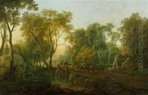 Herdenzug In Einer Bewaldeten Flusslandschaft Auf Einer Brucke by Carl Philipp Schallhas