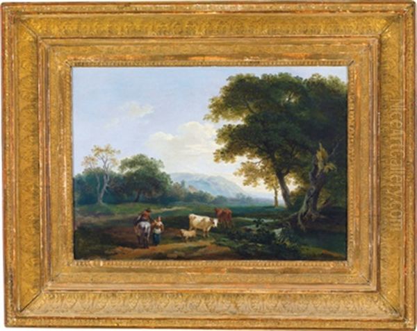 Bewaldete Landschaft Mit Einem Reiter Im Gesprach Mit Einer Hirtin - view 1