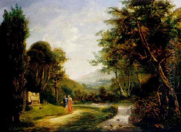 Arkadische Landschaft Mit Jungem Paar Am Ufer Eines Kleinen Baches Mit Katarakt - view 1