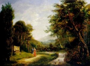 Arkadische Landschaft Mit Jungem Paar Am Ufer Eines Kleinen Baches Mit Katarakt by Carl Philipp Schallhas