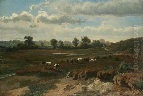 Cowherd With Flock On Heathland With Bell Tower In The Distance - view 1