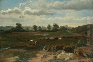 Cowherd With Flock On Heathland With Bell Tower In The Distance
