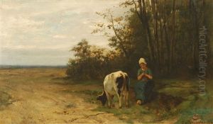Jeune Bergere Et Vache Dans Un Paysage
