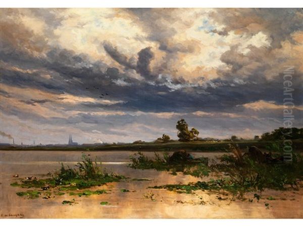 Schilfufer-landschaft Mit Anliegenden Kahnen Und Blick Auf Eine Stadt - view 1