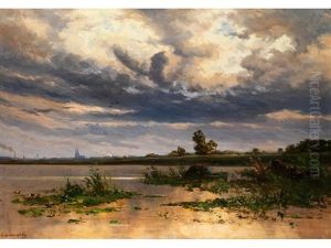 Schilfufer-landschaft Mit Anliegenden Kahnen Und Blick Auf Eine Stadt Schilfufer-landschaft Mit Anliegenden Kahnen Und Blick Auf Eine Stadt