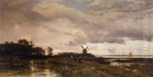 Figures In A Field With Cows Before A Windmill by Edmond De Schampheleer