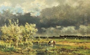 A Storm Approaching: Cows Fording A Stream In A Landscape A Storm Approaching: Cows Fording A Stream In A Landscape