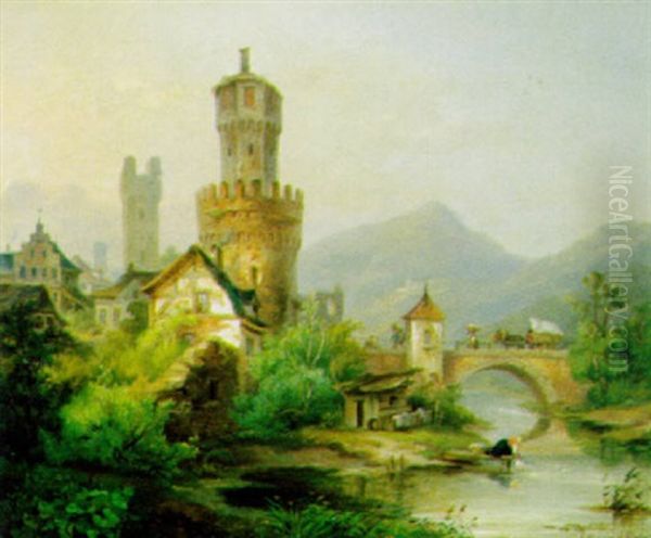 Stadtchen Am Flussufer Mit Reicher, Figurlicher Staffage - view 1