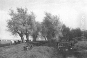 Figure Seated In A Dog Cart Walking Along A River Figure Seated In A Dog Cart Walking Along A River