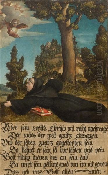 Zweiseitig Bemaltes Tafelbild Mit Der Kreuzigung Christi, Auf Der Kehrseite Ein Bussender Benediktinermonch Und Darunter Ein Frommer Text - view 1