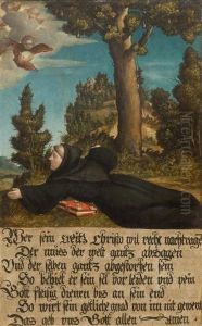 Zweiseitig Bemaltes Tafelbild Mit Der Kreuzigung Christi, Auf Der Kehrseite Ein Bussender Benediktinermonch Und Darunter Ein Frommer Text