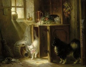 Ertappt - Bauernkuche Mit Spitz, Der Die Katze Beim Diebstahl Eines Bratens Aus Dem Vorratsschrank Erwischt by Wilhelm Heinrich Schaumann