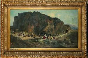 Passage D'une Riviere Devant Un Rocher by Antoine Joseph Bourlard