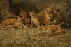 A Lioness And Her Cubs by Ferdinand Schebek