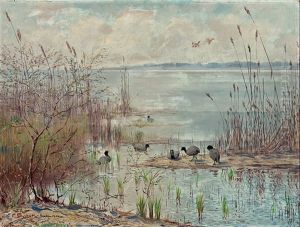 Fruhling An Einem Markischen See. Blesshuhner Am Ufer Zwischen Schilf. Weiter Blick Uber Das Gewasser by Ferdinand Schebek