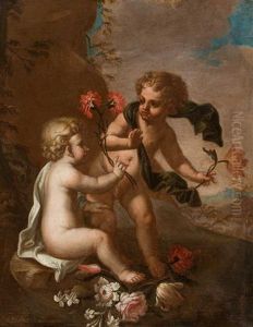 Zwei Mit Blumen Spielende Putti In Von Wolken Hinterfangener Landschaft
